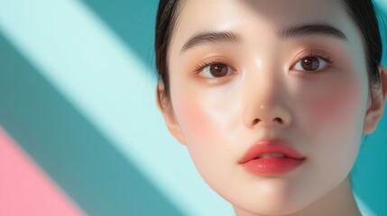 Radiant Beauty Portrait: Close-up portrait of a young woman with flawless skin and delicate makeup, illuminated by soft, contrasting light.  Her serene expression and natural beauty are captivating.