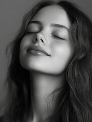 Fototapeta premium A young woman in a soft-focus portrait, with her eyes closed and her head slightly tilted upwards. Her long hair cascades over her face, adding to the ethereal quality of the image. She wears a light