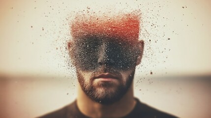 A man's face is fragmented, dissolving into particles, conveying a sense of loss, uncertainty, or transformation.  Intriguing surreal portrait.