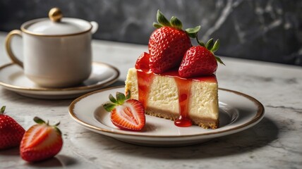 Decadent Delight: A Close-Up Top-View of Creamy Cheesecake with Fresh Strawberries and a Steaming Cup of Tea on Marble