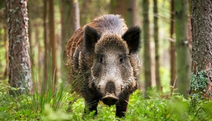 Veiled Wild Boar in Spring Forest Majestic Sus Scrofa Camouflaged Among Verdant Vegetation, With Rich Earthy Tones and a Hint of Autumnal Mood in the Springtime.