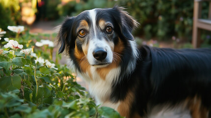 a border collie english sheperd mix breed outside in a garden