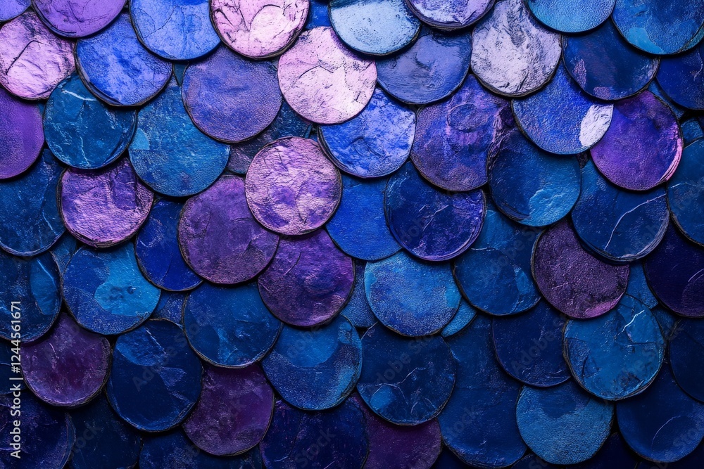 Poster colorful mosaic of circular tiles showcases a blend of blue and purple hues in an artistic pattern o