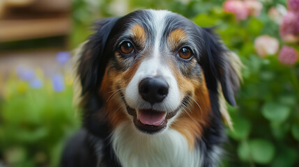 a border collie english sheperd mix breed outside in a garden