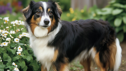 Fototapeta premium a border collie english sheperd mix breed outside in a garden