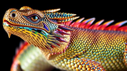 Fototapeta premium Photorealistic Close up of Iridescent Rainbow Scale Fantasy Dragon with Black Background