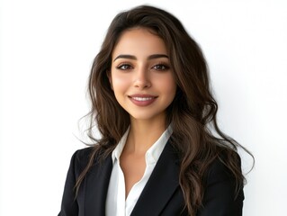 A polished and poised female model posing for a business-themed photograph in a formal office setting.