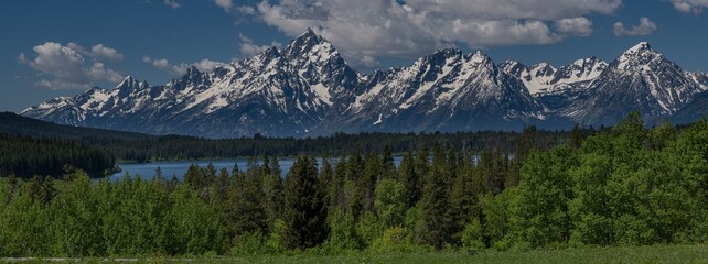 USA, Wyoming. Panoramic landscape of Grand Teton, Mount Moran and Emma Matilda Lake, Grand Teton...