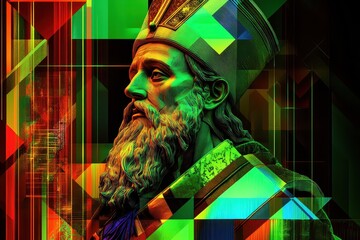 Digital Portrait of Saint Patrick with a Modern Twist, Featuring Geometric Patterns and Vibrant Neon Green Highlights