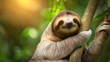 Fototapeta premium Adorable Sloth Portrait in the Vibrant Rainforest Wildlife Moment Frozen with Humor and Warmth, Capturing a Rare Glimpse of Natures Playful Side.