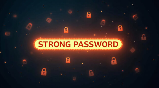 A glowing password field with a "strong password" being entered, surrounded by floating lock icons