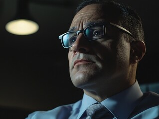 Fototapeta premium An image of a man with glasses, wearing a suit and tie, looking downward with a serious expression on his face in a dimly lit office setting.