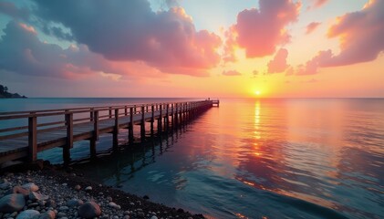 Obraz premium Wooden footbridge spanning calm sea at sunset, tranquil, landscape