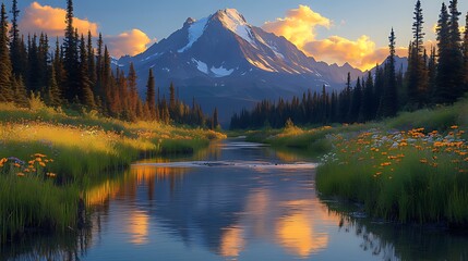 Obraz premium Sunset mountain river reflection, wildflowers, forest