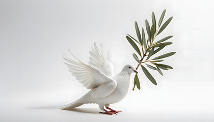 The symbol of peace, the dove of peace, A white dove carrying an olive branch on a minimalist background