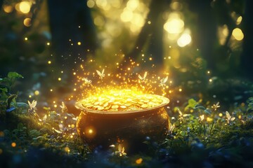 Glowing Pot of Gold Surrounded by Tiny Fairies and Magical Sparkles in a Mystical Forest, Enchanted Fantasy