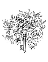 Vintage style vector key, floral arrangement, rose, peony, leaves, black and white illustration, isolated, print, sketch
