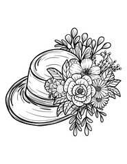 Vector hat, vintage style, floral arrangement, black and white illustration, isolated, print, sketch