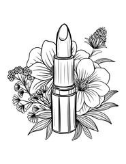 Vector vintage style lipstick, floral arrangement, rose, peony, leaves, black and white illustration, isolated, print, sketch