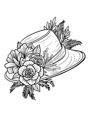 Vector vintage style women's hat, floral arrangement, rose, peony, leaves, black and white illustration, isolated, print, sketch