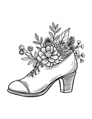 Vector female heeled boot, vintage style vase, flower arrangement, black and white illustration, isolated, print, sketch