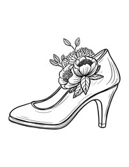 Vintage style vintage women's heel shoe, floral composition, black and white vector illustration, print