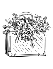 Vector Luggage bag vintage style bag, floral arrangement, black and white illustration, isolated, print