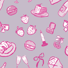 Pink and white girly elements seamless pattern.Hand drawn, isolated, vector. Bow, cup, letter, ring,  macarons, envelope, cake, croissant, champagne.