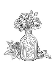 Vector bottle, vintage style vase, flower arrangement, black and white illustration, isolated, print, sketch