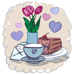 Hand draw, colorful elements, cake, harts, envelop, flowers, coffee. Vector, isolated, doodle in frame.