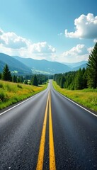 Naklejka premium Blacktop highway stretches into distant summer landscape, wildflowers bordering , sky, countryside