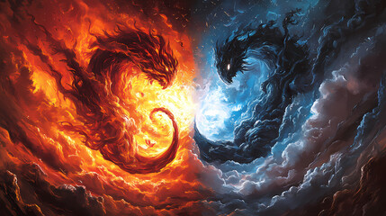 Dramatic depiction of a cosmic battle between light and dark forces with a fiery turbulent celestial backdrop representing the clash of primal elemental energies. Elemental Forces. Illustration