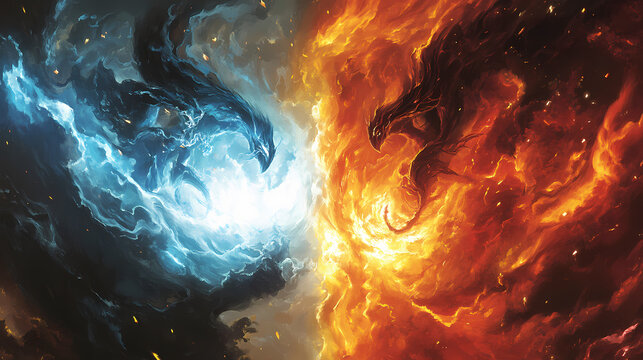 Dramatic depiction of a cosmic battle between light and dark forces with a fiery turbulent celestial backdrop representing the clash of primal elemental energies. Elemental Forces. Illustration