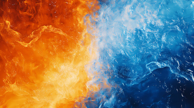 Dynamic clash of orange fire and blue water, representing the elemental forces of nature, ideal for themes of contrast, energy, and balance in designs. Elemental Forces. Illustration