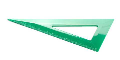 Green triangle ruler plastic classic isolated on white background, side view 