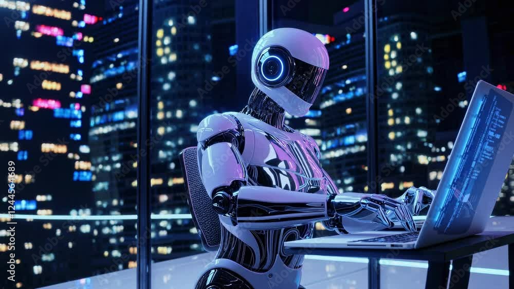 Poster nighttime skyline frames metallic android at workstation. advanced humanoid interfaces with holograp