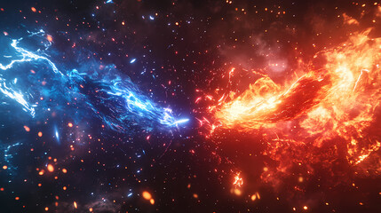 Fototapeta premium Epic cosmic battle, fire and ice collision, blue lightning vs red flames, energy beams clashing, space background, star field, explosive particle effects. Elemental Forces. Illustration