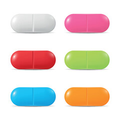 Vector Colorful Capsules Illustration. Medical Pill Set, Capsule Design for Medicine, Healthcare, Pills. Capsules in Vibrant Colors Red, White, Pink, Green, Blue, Yellow. Pharmaceutical Concept