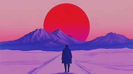 Naklejka premium A lone figure walks a path toward a vibrant sunset over purple mountains. A surreal and dreamlike scene.