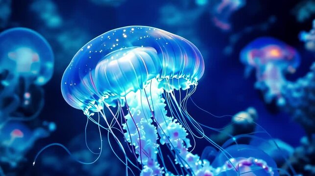 A mesmerizing jellyfish glows in vibrant colors, drifting gracefully through the deep blue ocean waters.