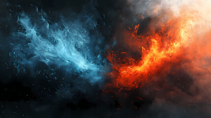 Fototapeta premium Fire and ice collide in a mesmerizing ballet of elemental forces against a dark backdrop. Elemental Forces. Illustration