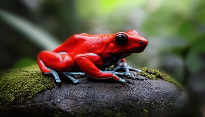 Vibrant Red Poison Dart Frog Resting on Stone Amidst the Mysterious Rainforest Jungle, Showcasing...