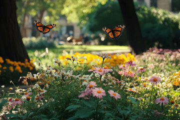 Butterflies Flying Over Blooming Flowers in Urban Park