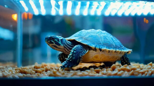 A turtle is basking under a bright heat lamp, surrounded by small pebbles. Its shell glistens in the light as it enjoys the warmth in its comfortable habitat during the day.