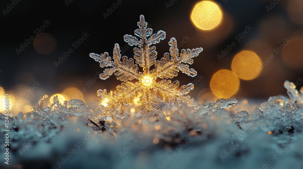 Poster a close-up of a snowflake illuminated by warm lights on a frosty surface.