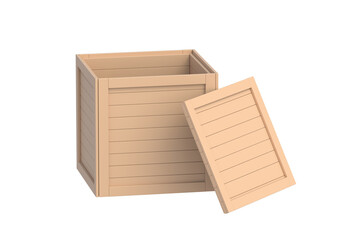 Open wooden shipping box isolated on white background. Transportation crate. 3d render