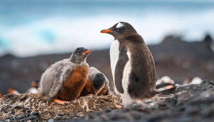 Naklejka premium Vibrant Gentoo Penguin Chicks Among Mud and Guano on Snowy Cuverville Island, Antarctica in a Winter Scene