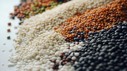 Fototapeta premium A close-up view of an assortment of lentils and beans, displayed on a white porcelain surface, showcasing the fine details and colorful diversity of each grain.