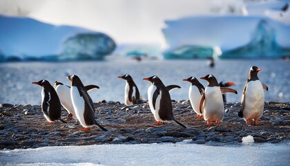 Striking Gentoo Penguins Amidst Icy Antarctic Landscape A Moment of Wild Beauty and Bold Colors in a Polar Winters Day