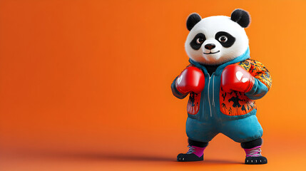 Cute Panda Boxer in a Stylish Hoodie and Red Gloves Ready to Fight on Bright Orange Background